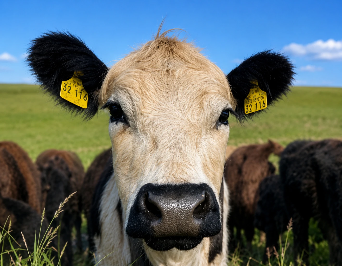 Galloway Rind mit Ohrmarken auf der Weide des Hofs hinter den Bergen in Unterfranken