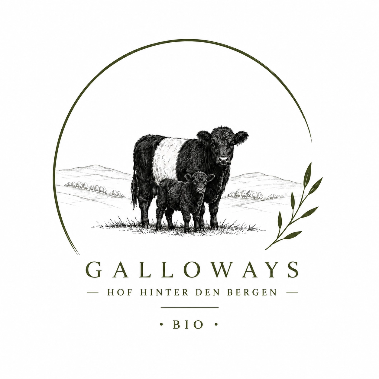 Logo Hof hinter den Bergen mit Galloway Mutterkuh und Kalb, Bio-Zertifizierung Unterfranken